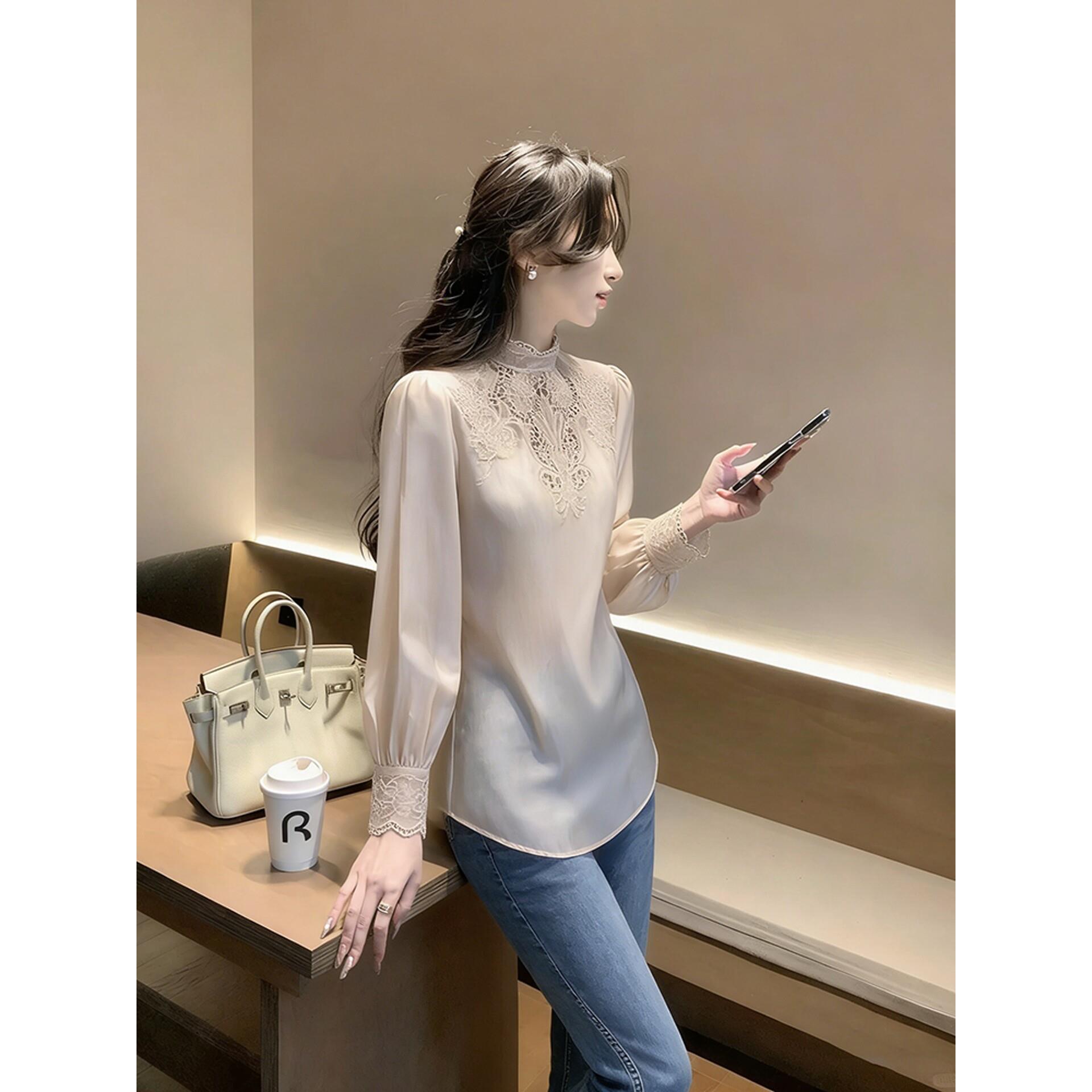 蕾丝拼接杏色衬衫女款2026新款轻奢高级感减龄洋气国风气质小衫春