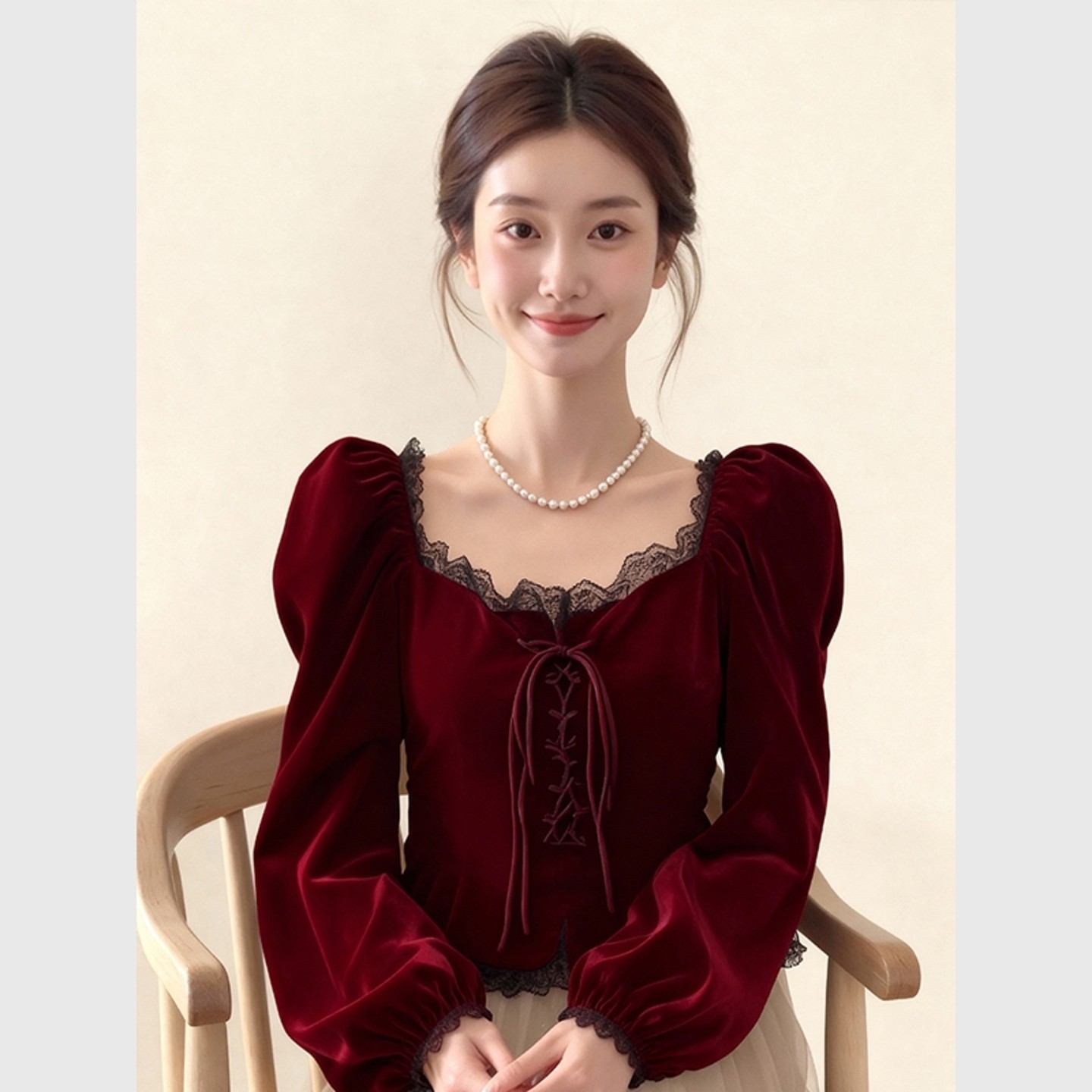 圣诞穿搭红色蕾丝花边泡泡袖丝绒