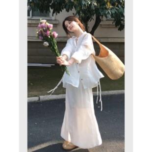 开春穿搭套装2026清纯系松弛感休闲白色女士亚麻衬衫半身裙两件套