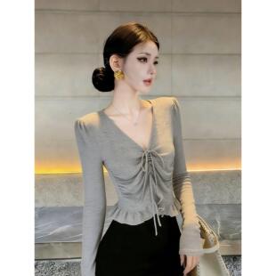 2026春夏新款 绝美巨好看温柔减龄气质时髦减龄显瘦T恤灰色上衣女