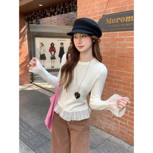 蕾丝花边长袖t恤女2026早春新款修身内搭高级感打底衫可外穿上衣