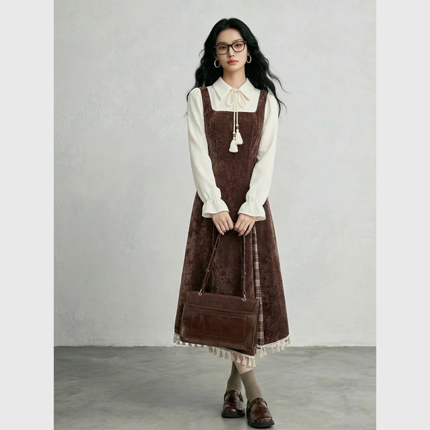 时尚复古格纹假两件咖色连衣裙