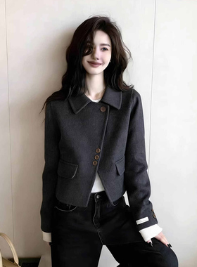 韩版简约高级小众不撞款灰色翻领短款外套女2026新款通勤气质上衣