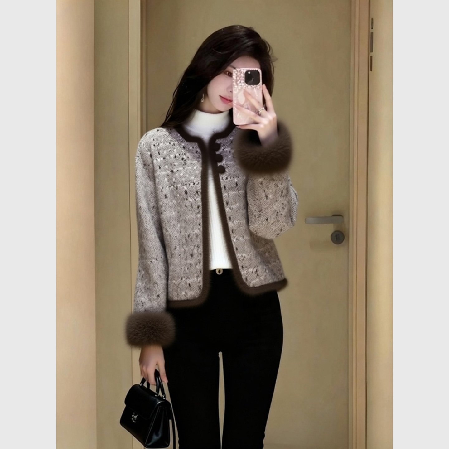 高端巨好看气质保暖毛绒拼接上衣