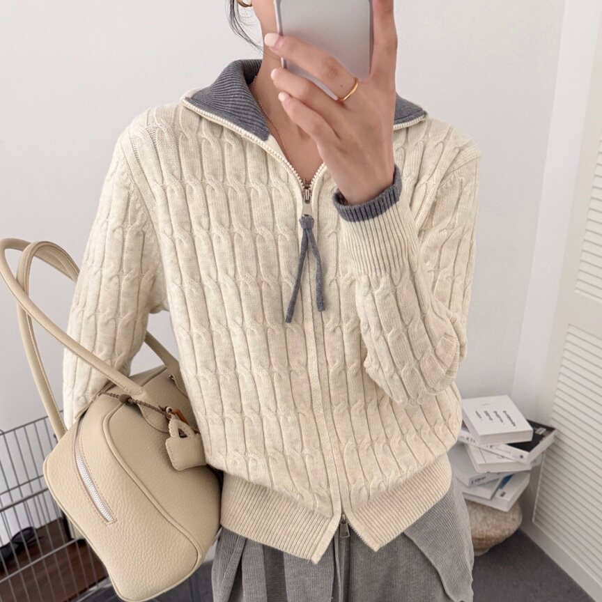 翻领麻花双拉链针织开衫女2026秋季新款撞色毛衣外搭软糯宽松外套