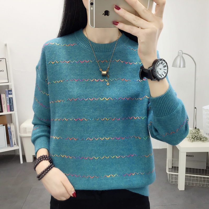 圆领秋冬新款彩条洋气风女士毛衣