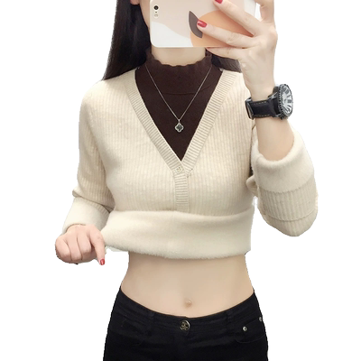 一体绒加绒加厚假两件毛衣女