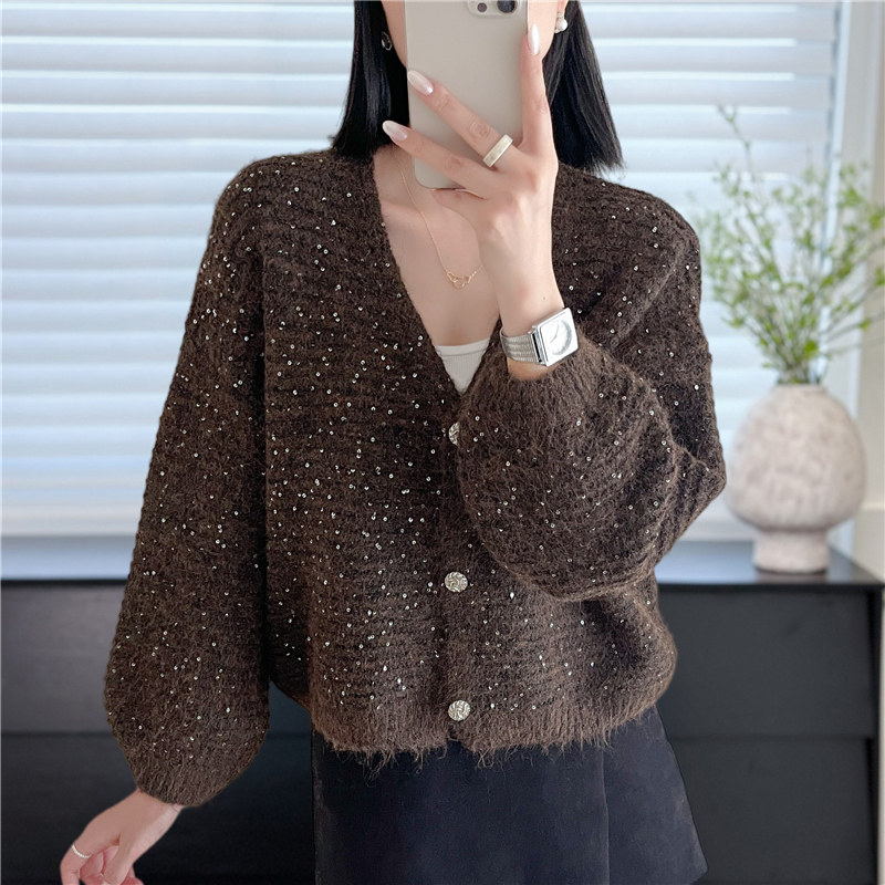 v领亮片短款灯笼袖针织开衫女图片