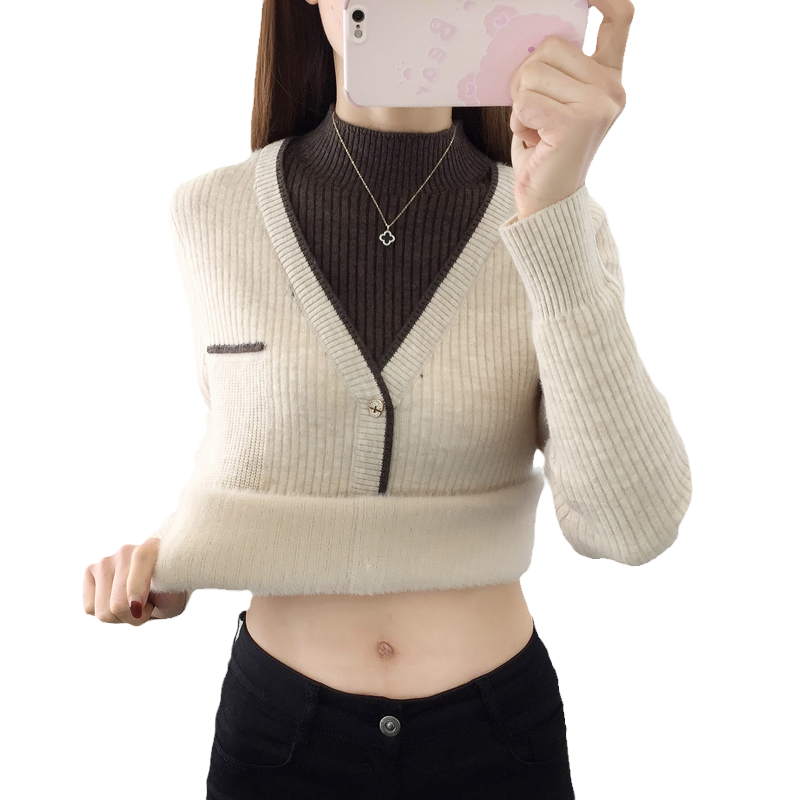 半高领一体绒加绒加厚假两件女士毛衣女2023秋冬新款洋气内搭上衣