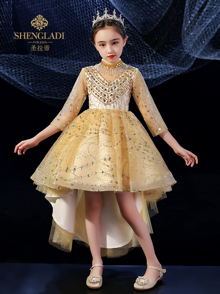 定制女童礼服裙洋气公主婚礼旗袍花童婚纱金色小主持人生日钢琴演