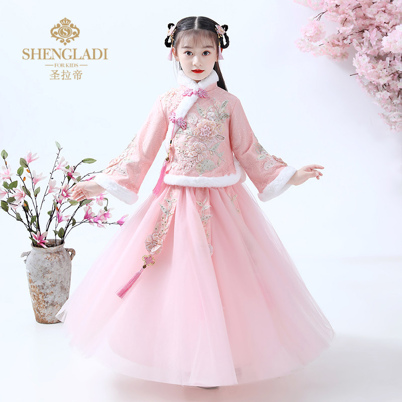 热销女童汉服春季古装超仙中国风旗袍超仙加绒唐装春款宝连衣裙高