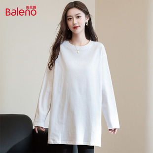班尼路白色打底衫女2025新款长袖t恤中长款遮屁股内搭纯棉上衣J