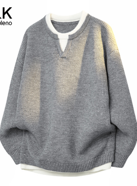 班尼路SK日系复古拼接圆领针织衫男春夏季男装宽松休闲男士毛衣YS