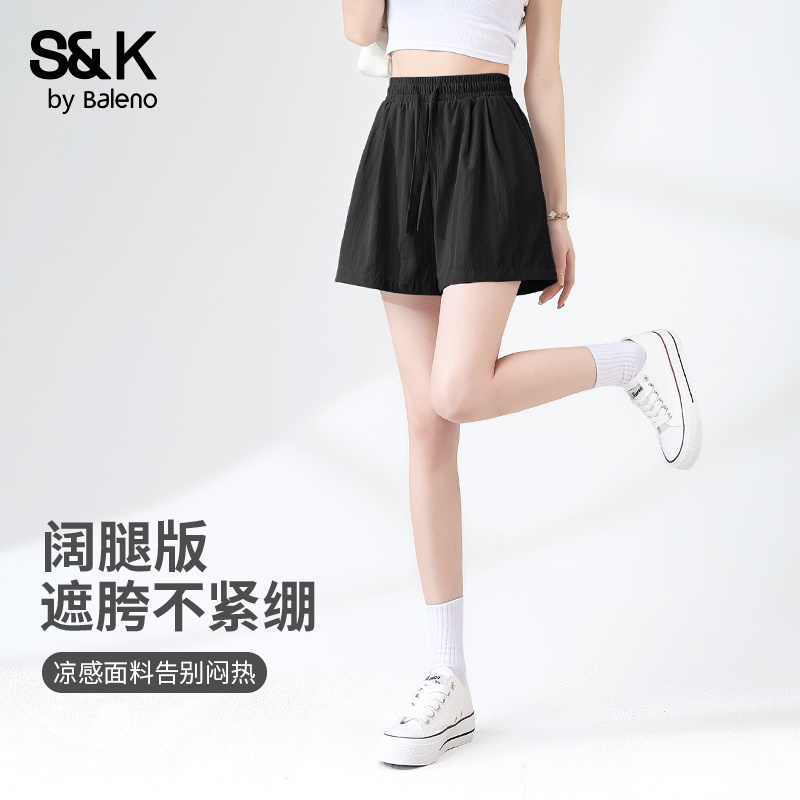 班尼路黑色短裤女宽松微胖大码