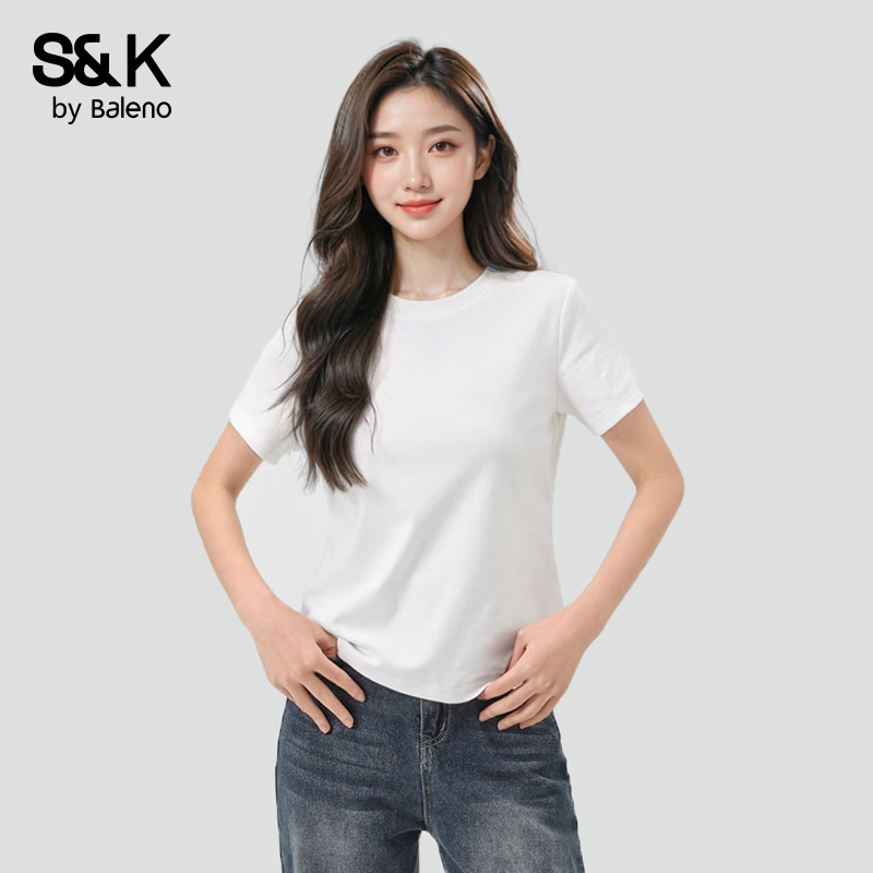班尼路S&K系列白色短袖t恤女2025新款夏短款紧身小个子半袖上衣M