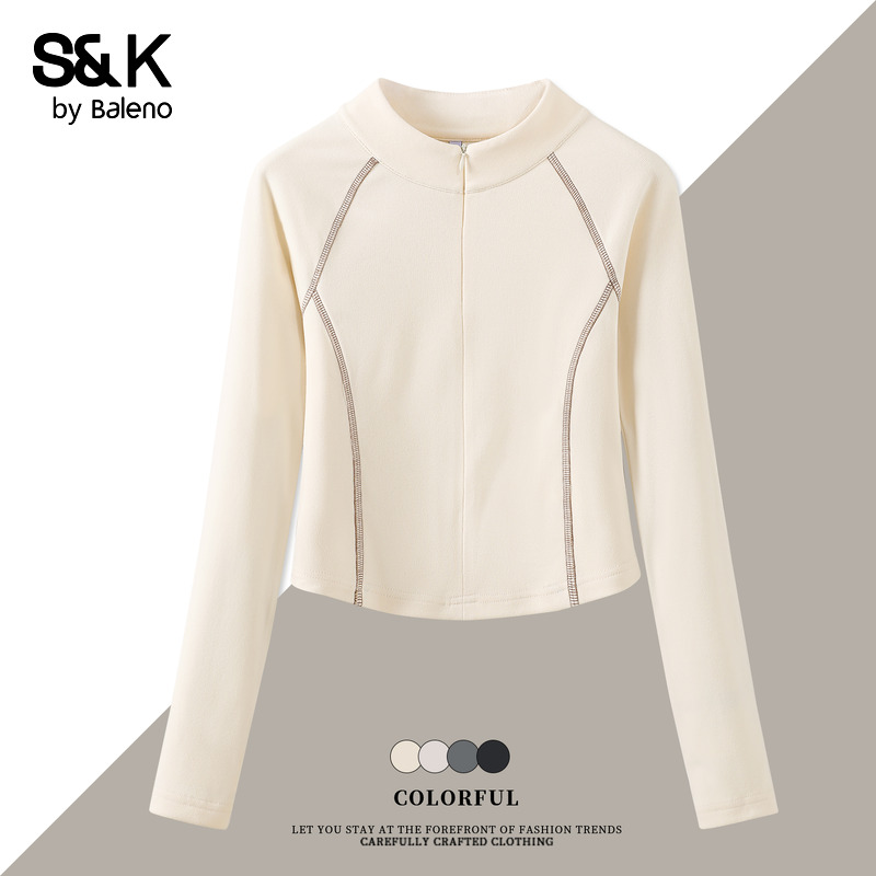 班尼路S&K杏色长袖t恤女内搭打底