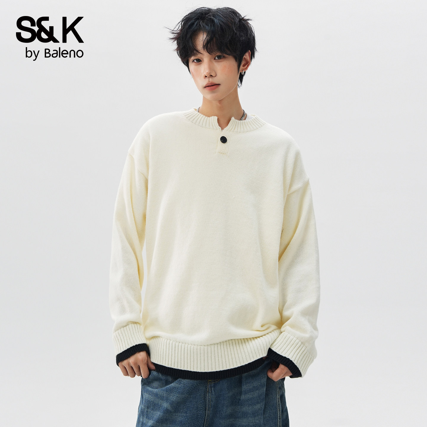 班尼路SK慵懒风圆领毛衣男春夏潮牌宽松休闲百搭麻花针织衫上衣YS