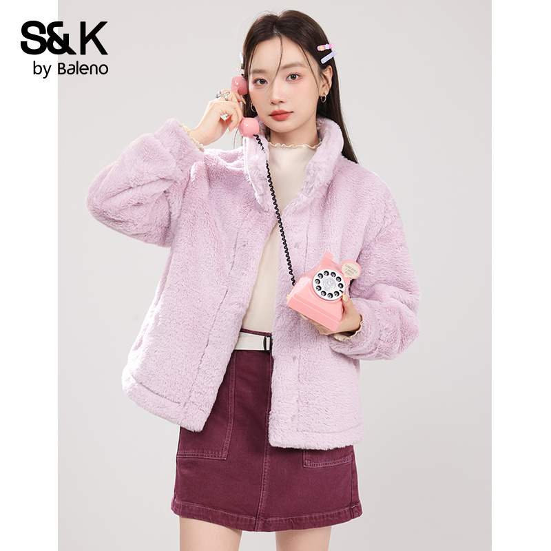 班尼路S&K系列仿兔毛麂皮外套女2025新款冬季保暖小个子短款上衣M