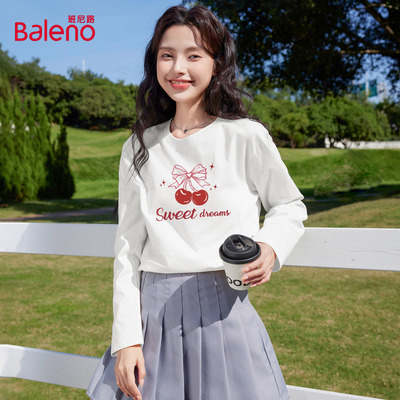 班尼路白色圆领纯棉长袖t恤女