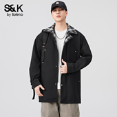 班尼路SK工装 宽松格子拼接外套YS 中长款 风翻领夹克男春季 2026新款