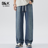 班尼路SK2026新款 长裤 春季 水洗直筒宽松简约男松紧腰系带牛仔裤