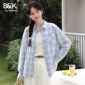 班尼路S&K系列浅蓝色格子衬衫 女2026新款 春宽松休闲复古衬衣外套M