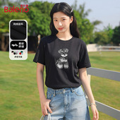 班尼路黑色圆领正肩短袖 T恤女春夏新款 纯棉素描小狗印花小众上衣Q