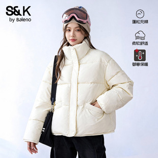 班尼路S&K系列白色立领棉服女冬季新款加厚保暖短款面包服外套女Q