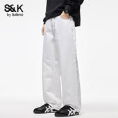 宽松潮流纯棉直筒长裤 班尼路SK辑明线设计白色牛仔裤 男秋冬季 子YS