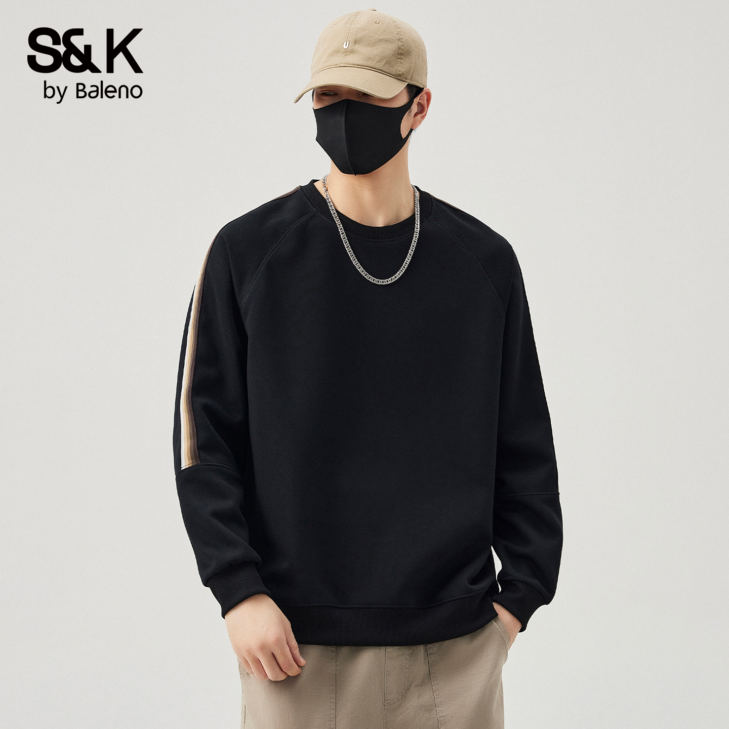 班尼路SK美式潮牌圆领卫衣男宽松大码秋冬新款纯色宽松长袖上衣YS