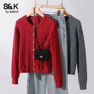 班尼路S&K系列红色针织绞花开衫外套女2025秋冬新款加厚外穿毛衣H