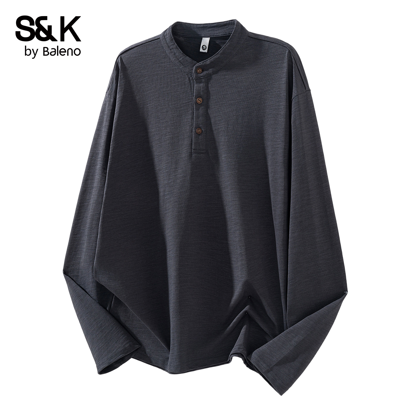 班尼路SK重磅纯棉亨利领长袖T恤