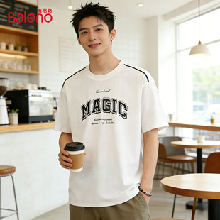 上衣J 春夏宽松百搭纯棉重磅半袖 班尼路英文印花短袖 T恤男2026新品