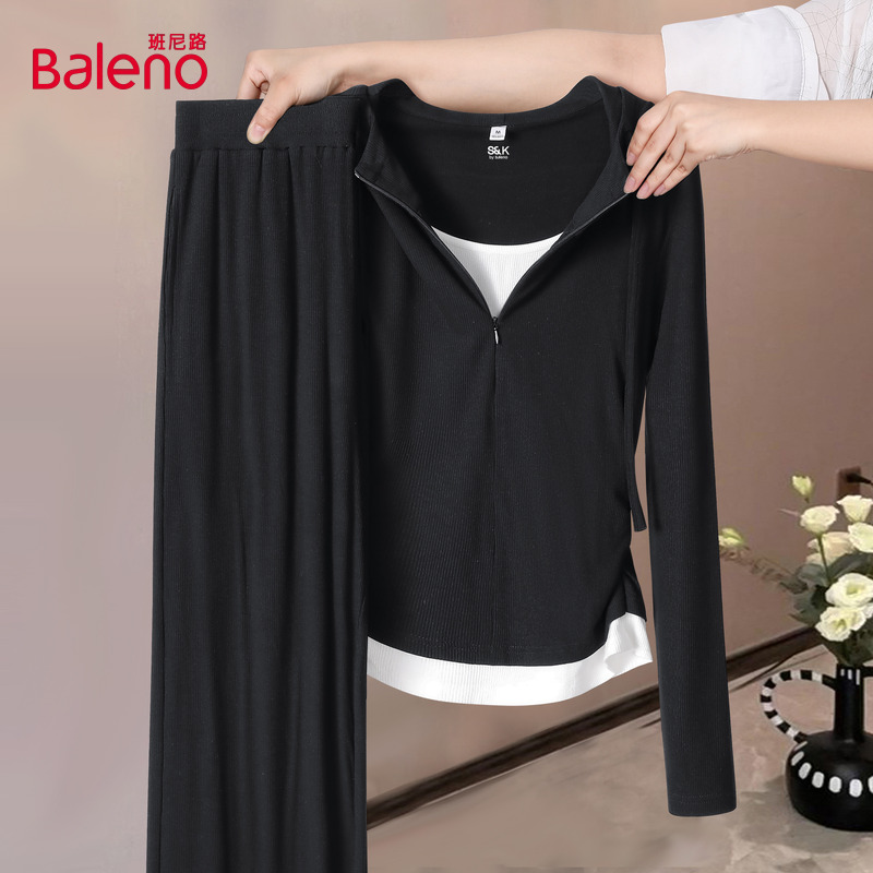 班尼路黑色假两件套装女2025秋季新款小个子休闲运动穿搭两件套H