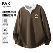 班尼路S&K系列美式 复古叠穿华夫格上衣LF 男士 假两件长袖 t恤男秋季