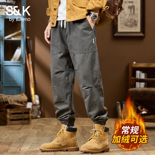 班尼路SK纯棉休闲裤 子男MS 男2025秋冬加绒加厚潮牌宽松束脚裤