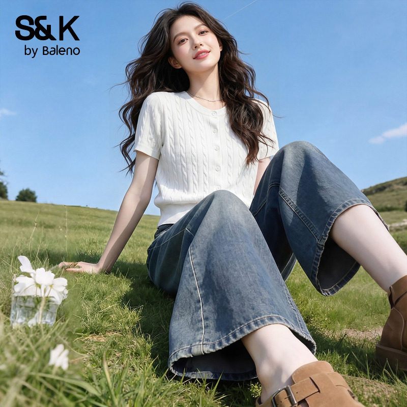 班尼路S&K白色针织短袖t恤女