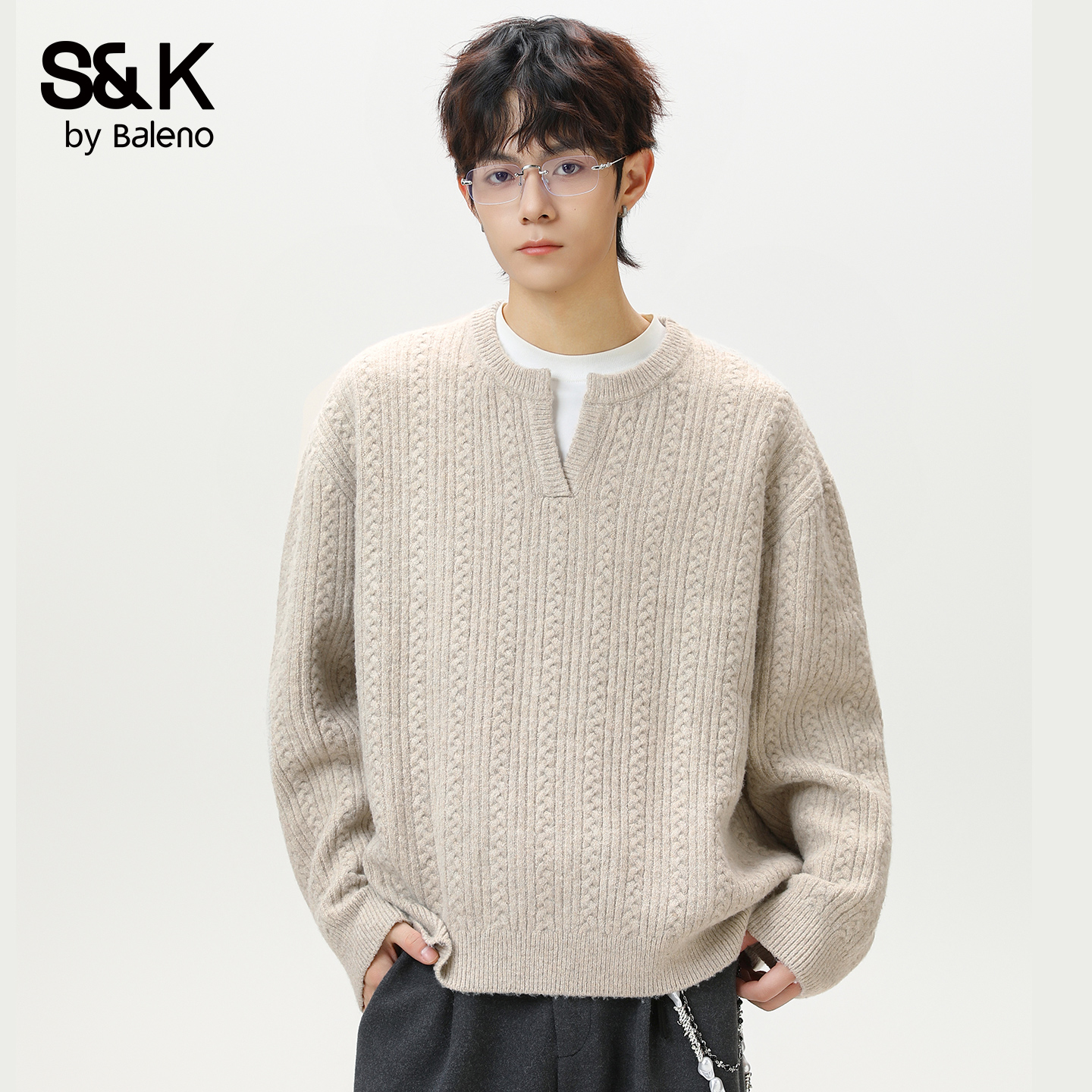 班尼路SK简约休闲V领毛衣男士