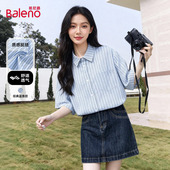 女春夏新款 班尼路POLO领条纹短袖 衬衫 学院风小众设计感百搭衬衣N