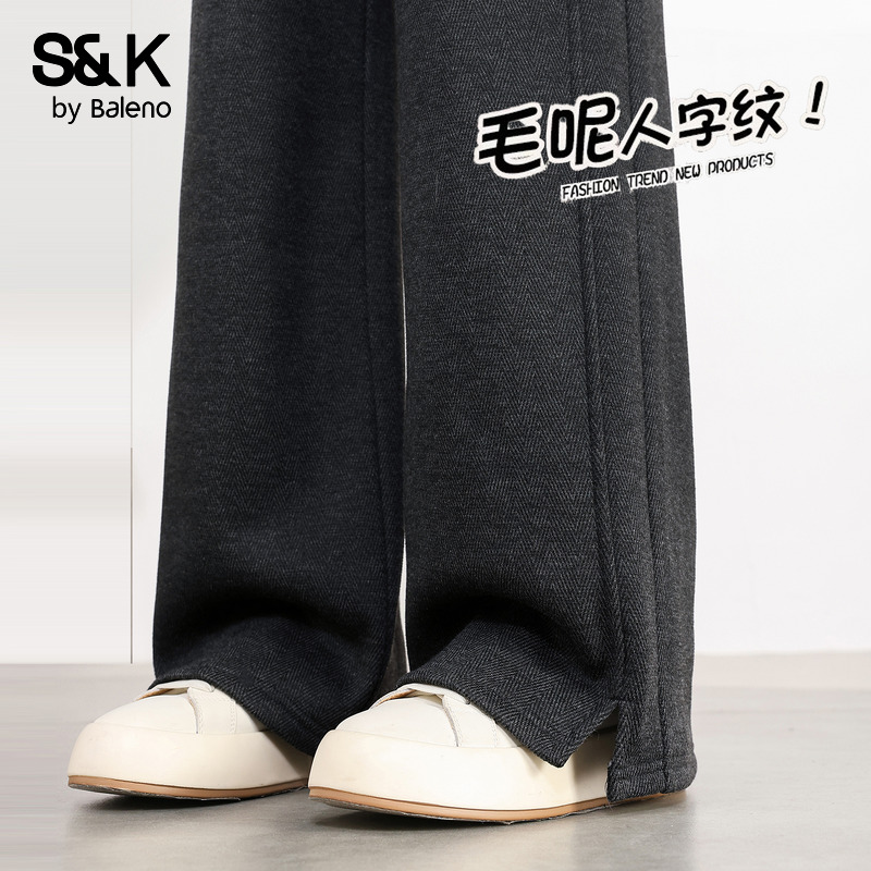 班尼路S&K系列黑色加绒毛呢裤子女2025冬季新款人字纹休闲阔腿裤H
