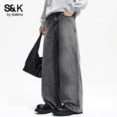 班尼路SK美式 男YS 宽松耐磨直筒长裤 复古水洗阔腿牛仔裤 男2026新款