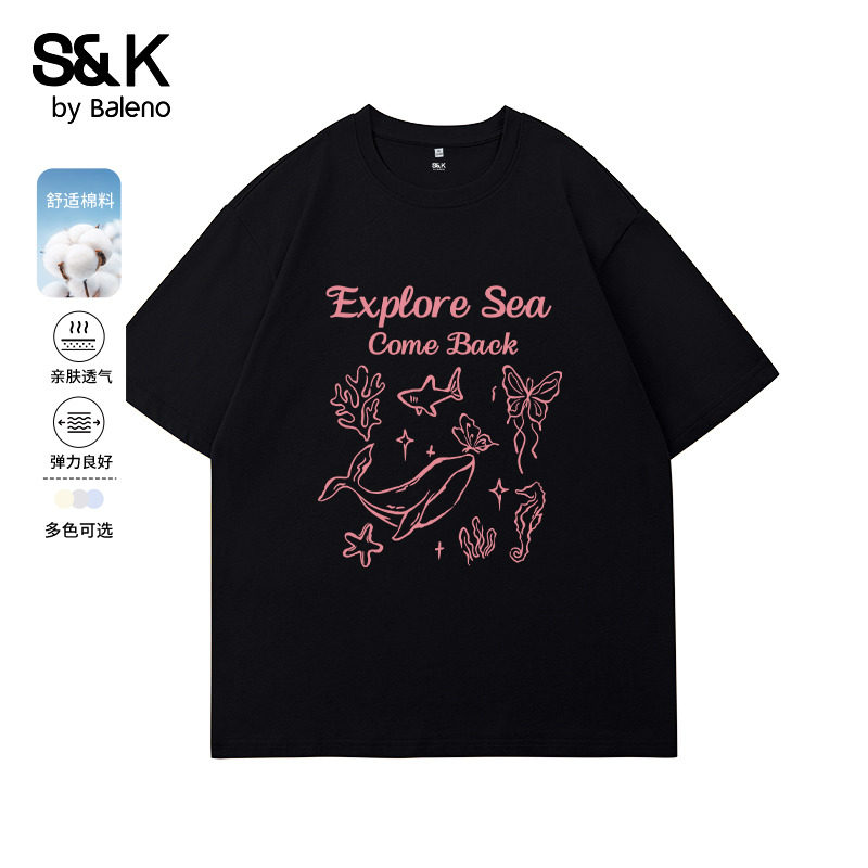 班尼路S&K系列黑色印花短袖女夏季新款纯棉宽松显瘦T恤休闲上衣Q
