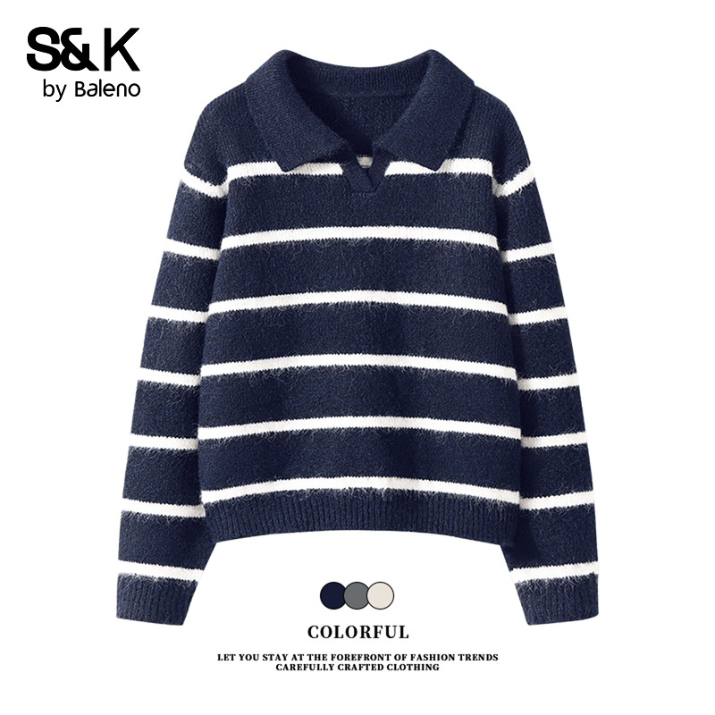 班尼路S&K系列复古条纹polo领针织衫女2025秋冬新款休闲时尚上衣Q