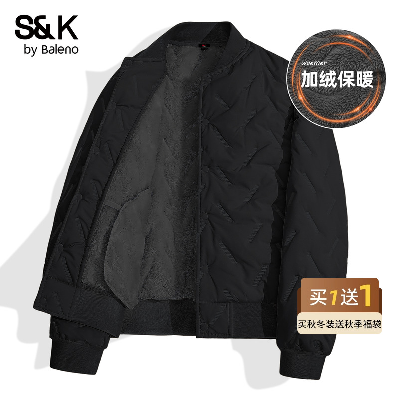 班尼路S&K加厚棉服男款冬季黑色高级男士外套加绒棒球领夹克衫A
