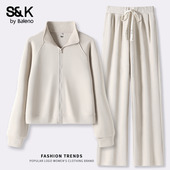 班尼路S&K系列卡其色运动套装 女一整套Q 女新款 宽松立领外套阔腿裤
