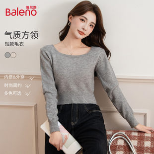 班尼路气质温柔短款方领毛衣女春秋纯色打底针织衫休闲百搭上衣J
