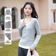 班尼路纯色假两件长袖t恤女2025秋季新款柔软修身通勤百搭打底衫Q