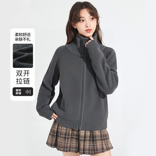 显瘦外套Q 韩系简约百搭修身 班尼路灰色立领拉链开衫 毛衣女秋新款