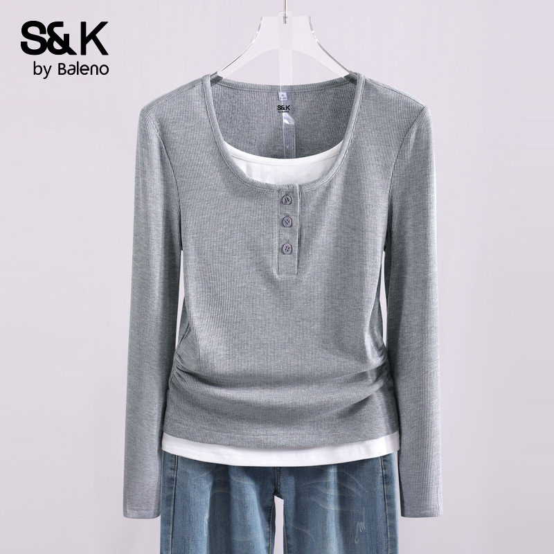 灰色假两件打底衫长袖t恤