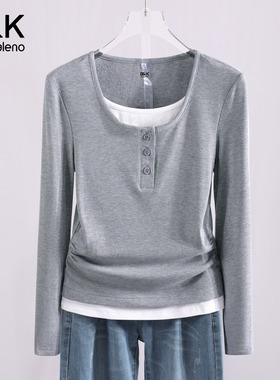 班尼路S&K系列灰色假两件打底衫女内搭2026春季新款修身长袖t恤H